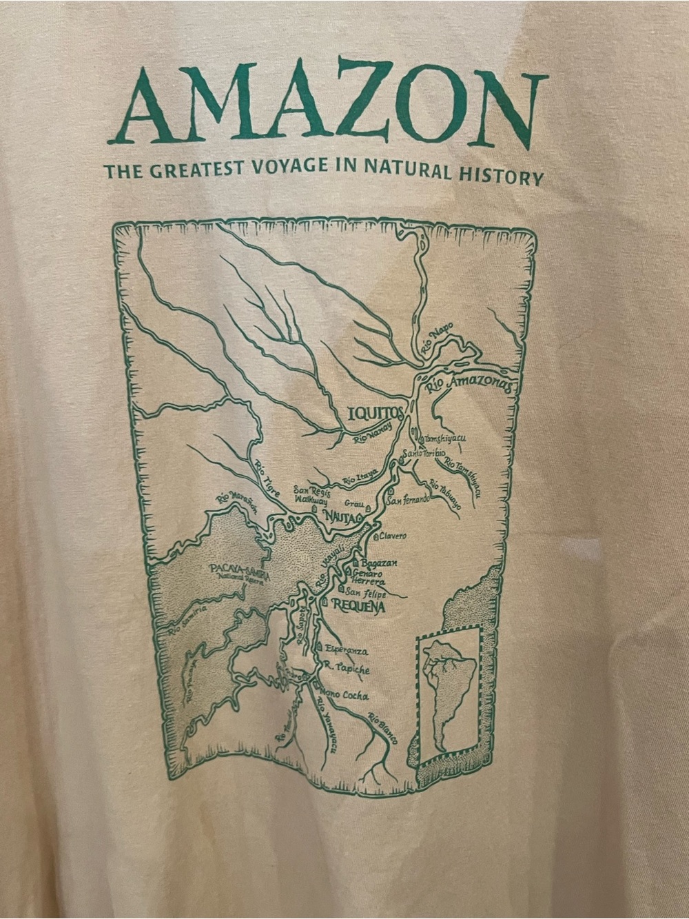 Beige Short Sleeve Graphic Tee with Green Amazon Map Print